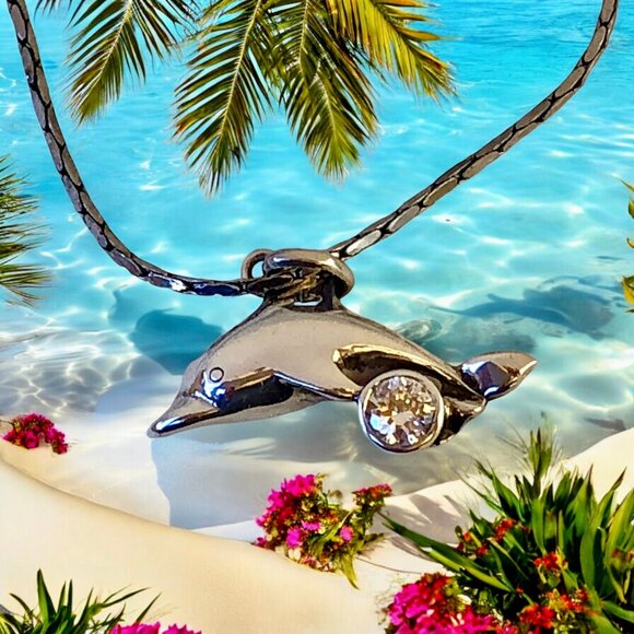 Dolphin Pendant & Necklace Sterling Silver CZ as is - Picture 5 of 10